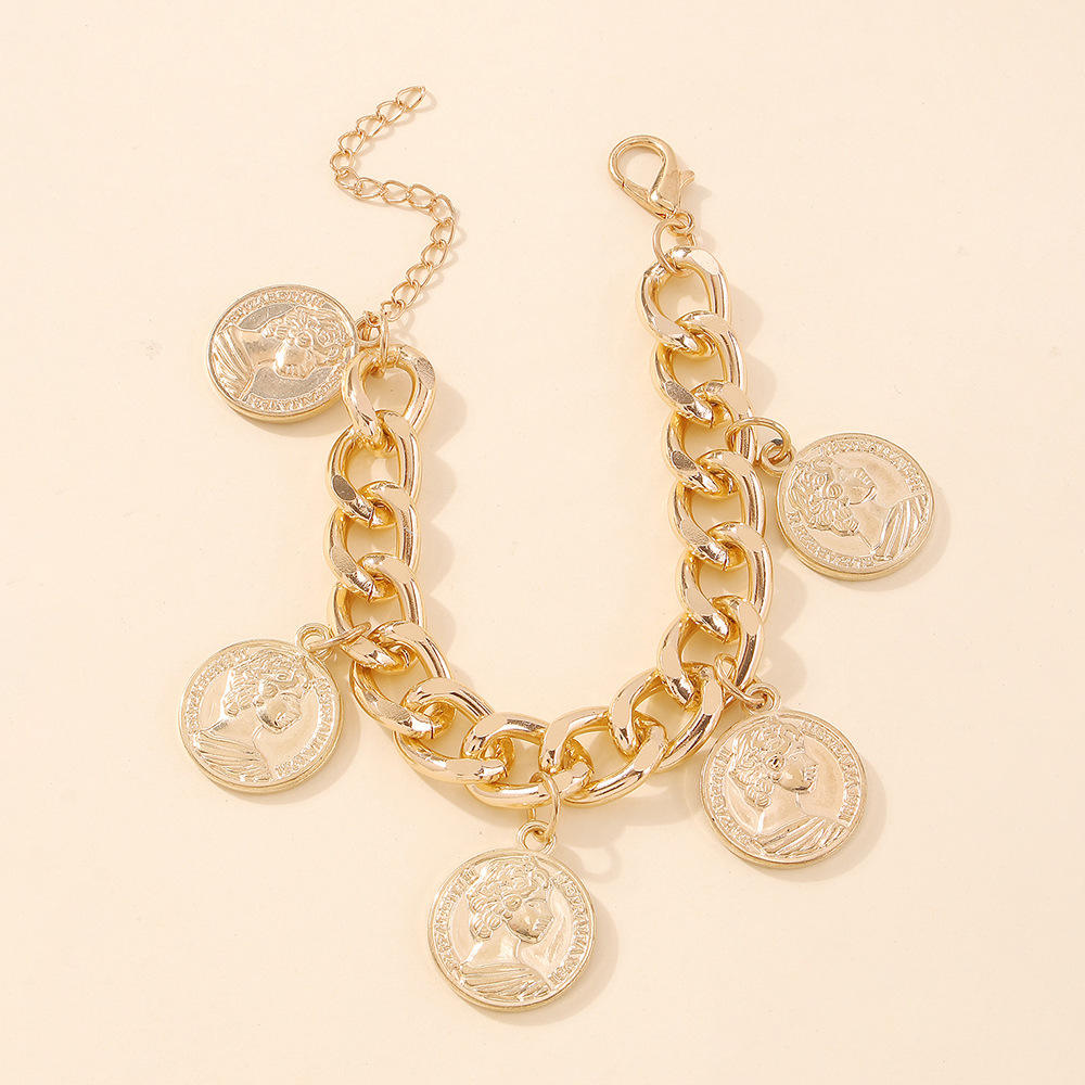 카이메이 패션 주얼리 맞춤형 두꺼운 체인 팔찌 여성용 코인 과장된 펑크 힙합 기하학적 코인 골드 팔찌 여성용| Alibaba.com