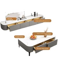 Ensemble table basse et meuble TV en bois massif avec plateau en marbre, design moderne et minimaliste, sur pieds, rangement au sol pour petit appartement