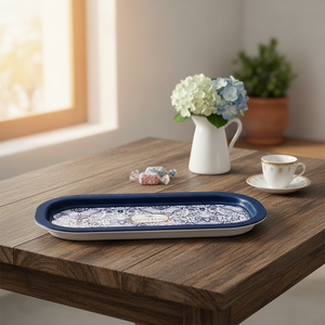 Kontensan EE1687N 160x350 mm Turkey Origin Elegant Rectangular Metal Tray Azulejo-Inspired Blue White Decorative Pattern Serving - Product Image 3