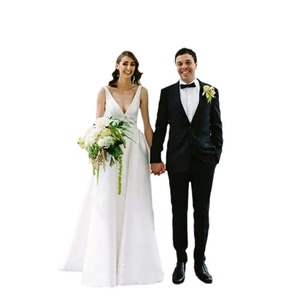 Simple French Satin Wedding Dress V-neck A-line Floor-length White Gown Forest Style Fairy - Product Image 4