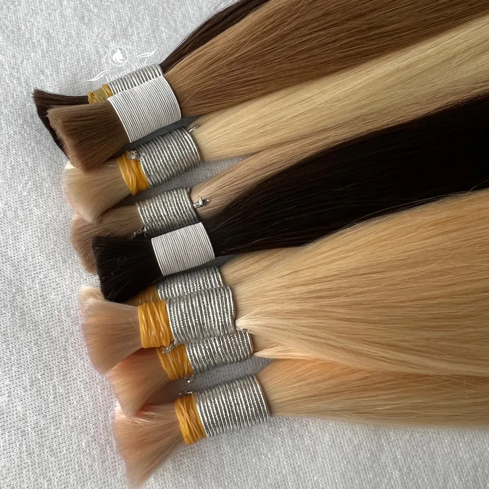 Venta al por mayor de pelo humano virgen a granel proveedor de fábrica Remi cutícula alineada extensiones rusas Cabello extensiones de cabello natural