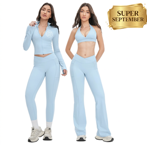 Custom OEM 3-Piece Yoga Set Heavyweight V-Waist Sports Bra <b>Flare</b> <b>Leggings</b> and Zip-up Jacket Activewear for Women Super September - Product Image 1