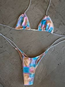 セクシーブルーピンクのグラデーションレースプリントマイクロビキニ2026女性弓ストラップパールプッシュブラ包帯ひも2ピースセットウエスト水着 - Product Image 1