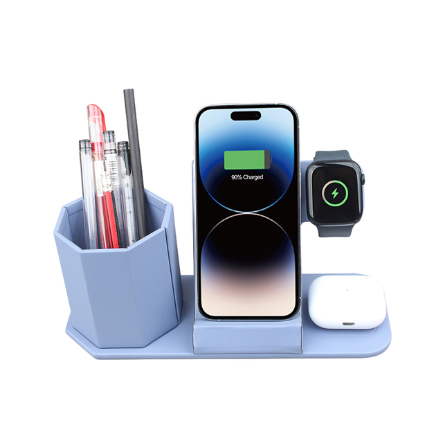 3 in 1 Wireless Leather Charging Stand Pen Holder 15W Fast Charging Station Desktop Organizer Laptop Phone Watch Earphone