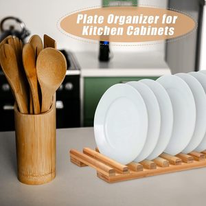 Wooden Plate Organizer For Kitchen Cabinets Eco Friendly <b>Dish</b> Rack Storage <b>Stand</b> - Product Image 1