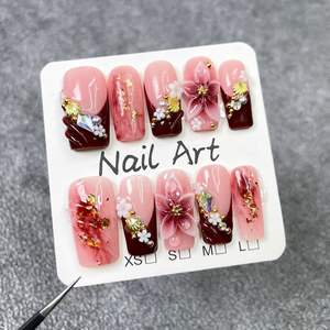 <span class=keywords><strong>Uñas</strong></span> Postizas TSZS 100% Hechas a Mano, Color Rojo Vino, Diseño de <span class=keywords><strong>Flores</strong></span>, Acabado Brillante Rosa, Forma Cuadrada Mediana, Reutilizables - Product Image 6