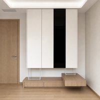 Armoire flottante sur mesure, système de rangement moderne et luxueux pour chambre à coucher avec pieds en acrylique transparent et banc en bois pour villa