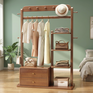 Porte-manteau moderne en bois massif avec crochets et étagères, meuble de rangement polyvalent autoportant pour chambre et salon - Product Image 4
