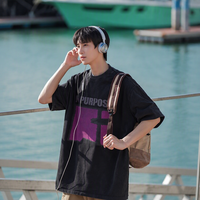 T-Shirt da Uomo Streetwear in Cotone Puro 280g, Nero Lavato con Stampa Grafica Personalizzata, Manica Corta Oversize