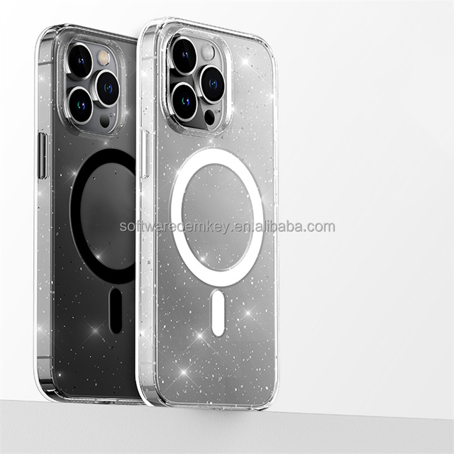 Shockproof Transparent Glitter Phone Case Clear Magnetic Back Cover for iPhone 15 Pro Max