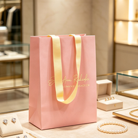 Sacs en papier de luxe personnalisés avec poignée en ruban, imprimés rose, pour emballage de bijoux et vente au détail