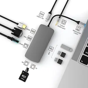 Sạc Nhanh 10 Trong 1 Usb Charger Hub Loại C Để HD-MI USB3.0 * 2 SD TF RJ45 VGA AUDIO3.5mm Tần Số Âm Thanh USB-C PD BASIX