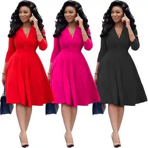 Fashion long sleeve solid color dark v neck pleated dress ladies office wear designs S0487