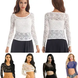 Wholesale Womens Long Sleeve See-through Lace Sexy Tee Custom Sexy Crop Tee Casual Tops Blouse Clubwear Sexy Tee Shirt