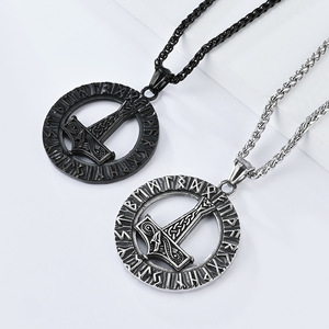Vintage Nordic Viking Rune Thor's Hammer <b>Titanium</b> Steel Necklace with Rune Text Pendant - Hot Selling Jewelry in Europe and Amer - Product Image 2