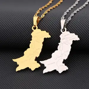 Wholesale Personalized Sweater Chain Gold Plated Stainless Steel Urdu Pakistan Map Necklace for Couple