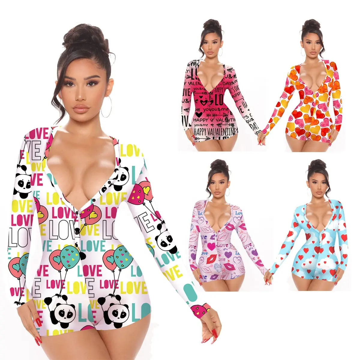 Debela Vrouwen Volwassen Onesie Pyjama Voor Vrouwen Sexy Hart Print V-Hals Knoop Flap Romper One Stukken Nachtkleding Sexy Jumpsuit