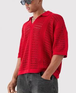 T-shirt tricoté personnalisé été printemps <span class=keywords><strong>maille</strong></span> évider <span class=keywords><strong>pull</strong></span> au Crochet manches courtes col en v tricot chemise au Crochet hommes - Product Image 1