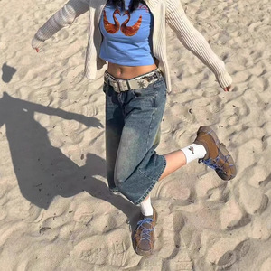 Y2K Street Vintage taille tombante poche inclinée chat lavé moustache jambe large Jorts Bermuda Denim Shorts - Product Image 3