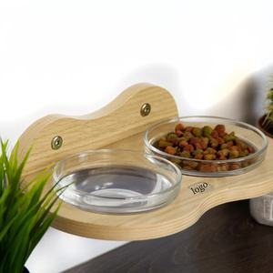 Tempat Makan Hewan Peliharaan Dinding dengan Logo Kustom, Mangkuk Kayu dengan 2 Mangkuk Kaca untuk Kucing Anjing - Product Image 4
