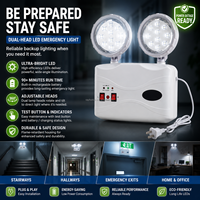 Lumière d'urgence LED rechargeable à 2 têtes, IP20, montage mural ou au plafond, éclairage de sécurité incendie pour entrepôt, bureau