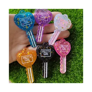 Mixed Color Glitter Key Charms Pretty Girl Golw In Dark Key Shape Pendants Dangles For Keychain Jewelry Making Supplier
