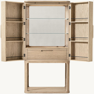 European Oak Wood <b>Bar</b> Cabinet with Handwoven Cane Panels <b>LED</b> <b>Lighting</b> for Luxury Home Hospitality Projects - Product Image 4