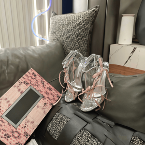 Jimmying Women Red Nude Color Block Lace Up Rhinestone Ankle Strap Transparent High Heel Open Toe Party Fashion Chooing - Product Image 6