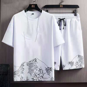 Set <span class=keywords><strong>a</strong></span> maniche corte estivo da uomo Trendy e personalizzato, pantaloncini da t-shirt in seta <span class=keywords><strong>a</strong></span> mezza manica Casual, Set di due pezzi - Product Image 2