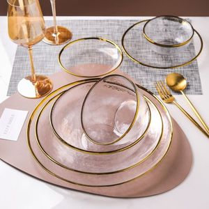 <span class=keywords><strong>Assiette</strong></span> ronde en verre transparent écologique HYC-PL04 avec bord doré pour banquets de mariage et dîners en promotion - Product Image 4