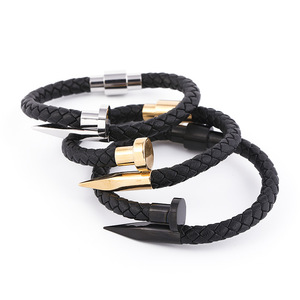 Bracelet en cuir tressé pour homme |   Bracelet en cuir véritable avec extrémité en acier inoxydable doré, noir ou argenté - Product Image 5