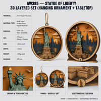 Statue de la Liberté - Ensemble de boîtes à ombres 3D |   Panneaux en contreplaqué peuplier découpés au laser pour suspension et présentation |   Étagère de bureau à domicile New York |   Cadeau personnalisable