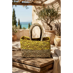 Handwoven Grass <b>Basket</b> <b>with</b> Festive Trimand <b>Handle</b> (yellow) Eco-Friendly Stylish Storage grass <b>Basket</b> - Product Image 3