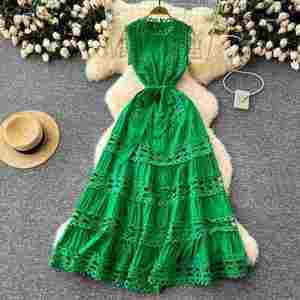 Vestido Maxi Casual de Verano con Cuello Redondo para Mujer, Sin Mangas, Estilo Imperio, Tejido, Línea A, Bordado, Encaje Hueco, Transpirable y Ecológico - Product Image 2