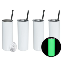 Bouteille d'eau en acier inoxydable blanche de 20 oz, droite et étroite, vierge pour sublimation, lumineuse dans le noir, avec paille