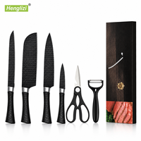Ensemble de couteaux de cuisine 6 pièces en acier inoxydable noir martelé de qualité supérieure pour droitiers, avec ciseaux et éplucheur, pour la préparation alimentaire en gros