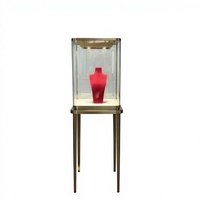 Vitrine à bijoux autoportante moderne avec cadre doré, dos en verre, éclairage LED, buste en velours, taille personnalisable, écologique, pour articles de luxe