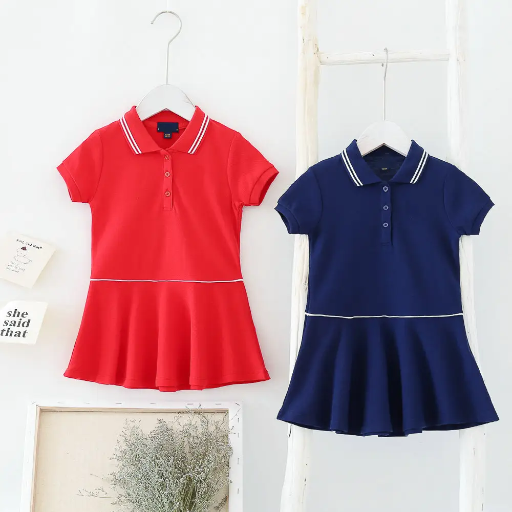 OEM and Wholesale Kids dress cotton fabric O-neck turnover collar short sleeve girl stitching dress