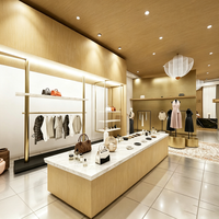 Présentoirs minimalistes écologiques en bois toné pour magasins de vêtements avec éclairage LED, comptoirs modernes de style îlot