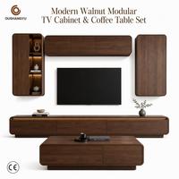 Ensemble de meubles TV modulaires modernes en noyer, unité multimédia murale de luxe sur mesure sans poignées, ensemble de table basse pour villa