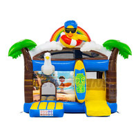 Château gonflable avec toboggan, thème canard surfeur et palmier, pour fêtes d'enfants et location en extérieur