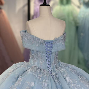 Robe de bal de Quinceañera exclusive bleu ciel avec appliques de perles et cristaux, traîne chapelle, longueur ras du sol, pour fête des 15 ans - Product Image 6