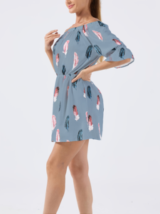 Robe Courte Femme Imprimé Plumes Épaules Dénudées Coupe Évasée Manches Élastiques Taille Naturelle Décontractée Été Plage Quotidienne Lavable - Product Image 6