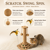 Griffoir pour chat en papier de jute, Colonne romaine, Centre d'activités, Plateau tournant, Boule suspendue, Baguette à ressort, Base robuste en MDF, OEM