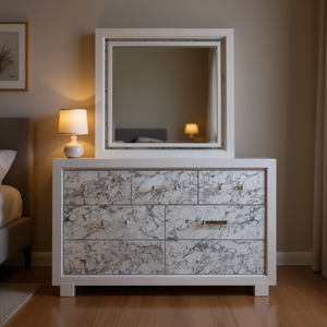 Comò Skye in Marmo Bianco con Specchio e 6 Cassetti, Arredamento Moderno per Camera da Letto - Product Image 2