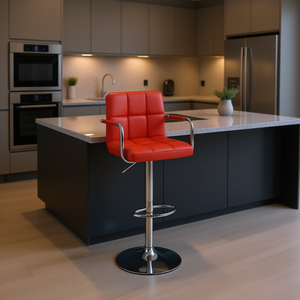 Tabouret de bar en similicuir rouge, hauteur réglable, structure chromée, base ronde, chaise d'îlot de cuisine, design contemporain et moderne - Product Image 2