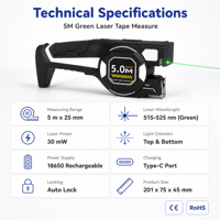 Ruban à mesurer laser vert 5M, 30mW, 515-525nm, rechargeable 18650, Type-C, verrouillage automatique, acier inoxydable, format compact, CE RoHS