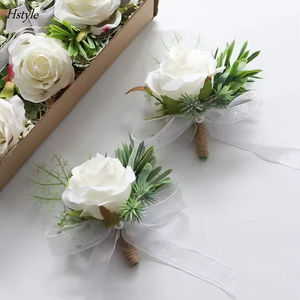 Satu Set gelang dan pria Boutonniere, setelan gelang putih untuk pria, aksesori bunga pernikahan, pakaian <span class=keywords><strong>Prom</strong></span>, gelang korsase pergelangan tangan mawar gading - Product Image 4