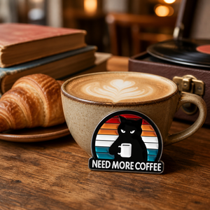 Spilla in smalto duro 'Need More Coffee' con gatto nero, strisce retrò e tramonto, graziosa spilla in metallo, regalo per amanti dei gatti e del caffè, spille all'ingrosso - Product Image 2