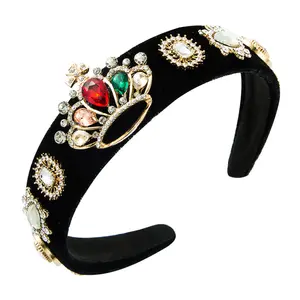 Accesorios para el cabello para mujer, tocado hecho a mano, corona de diamante, ala ancha, diadema de terciopelo dorado de lujo, 2022
